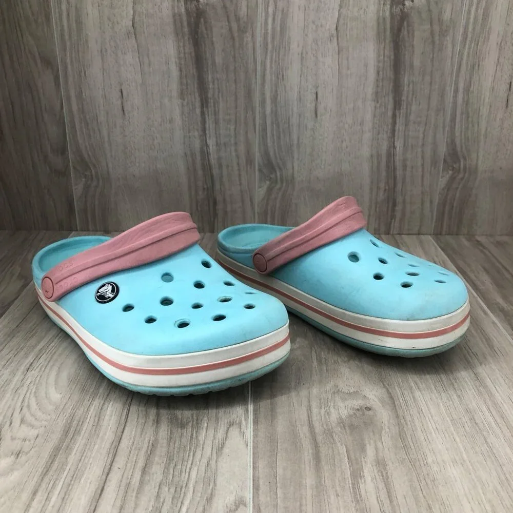 Crocs Clogs Kids 3 Crocband Light Blue Pink Slip On Rubber Shoes